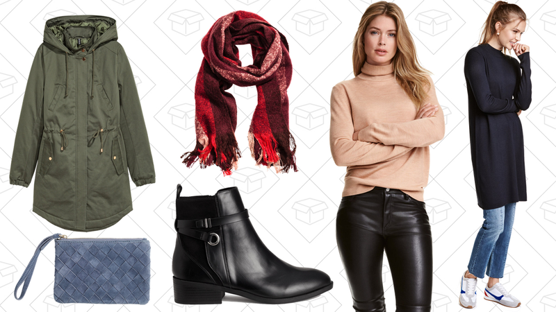 Padded Parka, $40 | Suede Clutch Bag, $20 | Ankle Boots, $35 | Large Shawl, $15 | Merino Wool Turtleneck Sweater, $30 | Fine-knit Dress, $20